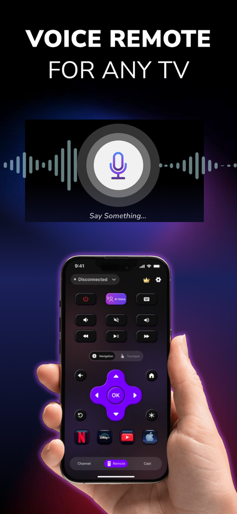 TV Remote Control - Smart TVs - Un iPhone affichant l'interface de commande vocale d'une application de télécommande TV universelle
