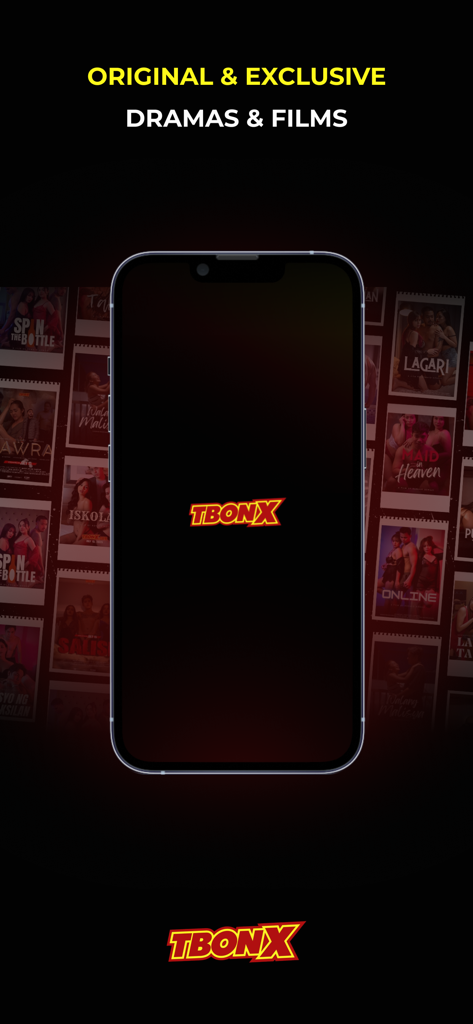 TBONX - Mobile phone screen showing TBONX logo with original and exclusive Filipino films and dramas in the background.