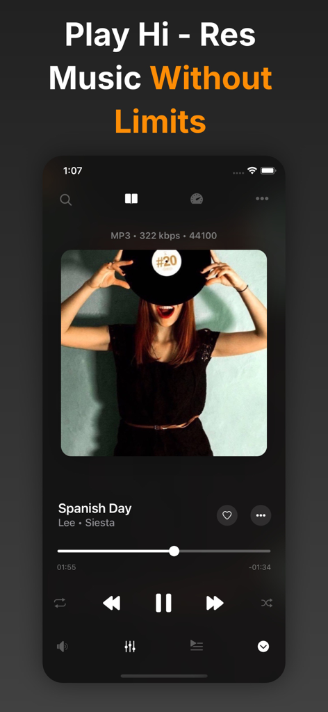 Flacbox: Hi-Res Music Player - Interfaz de la aplicación del reproductor de música de alta resolución Flacbox que muestra los controles de reproducción y la carátula del álbum