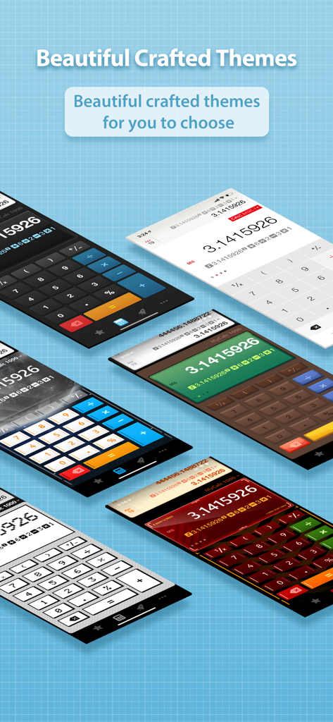 Une collection de thèmes de calculatrice premium élégants et colorés pour une personnalisation optimale.