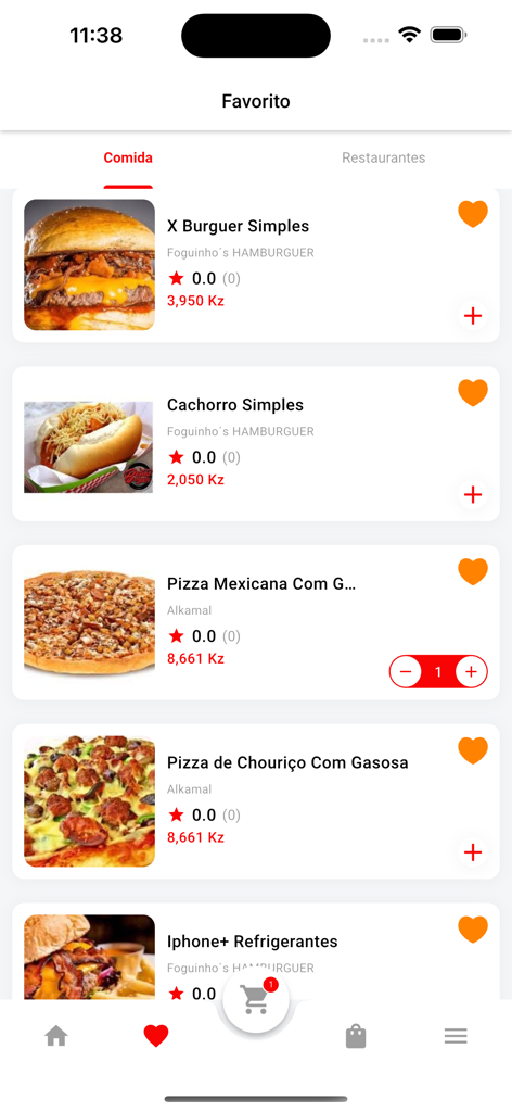 Entregas no Cubico - Favorites screen of the Entregas no Cubico app displaying a list of food items like burgers and pizzas with prices.