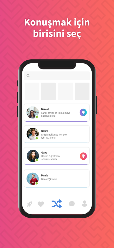 Anonim Chat - Ribony - Uma interface móvel do aplicativo Ribony mostrando uma lista de pessoas para conversar e um botão de shuffle para descoberta social.