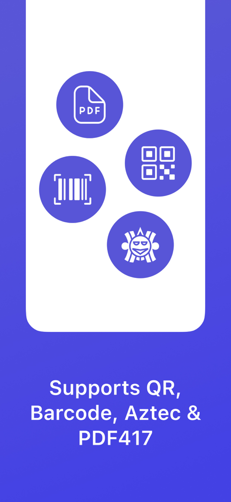 QR Code Pro: scan, generate - Gráfico mostrando suporte para formatos de escaneamento QR, Code de Barras, Aztec e PDF417.
