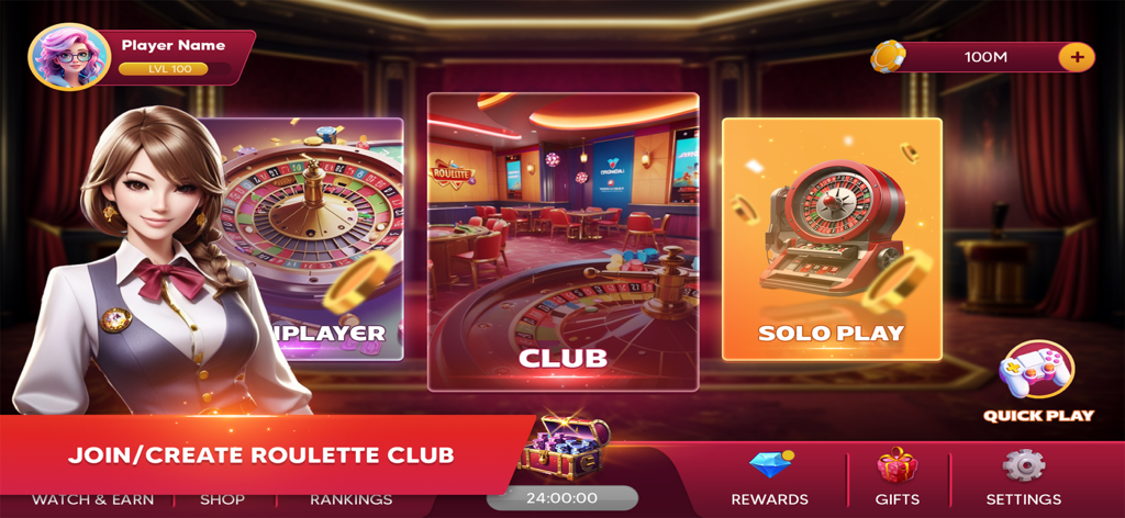 Menu principale di Roulette - Live Casino con modalità di gioco come Gioco Singolo, Club e Multiplayer con un personaggio del dealer