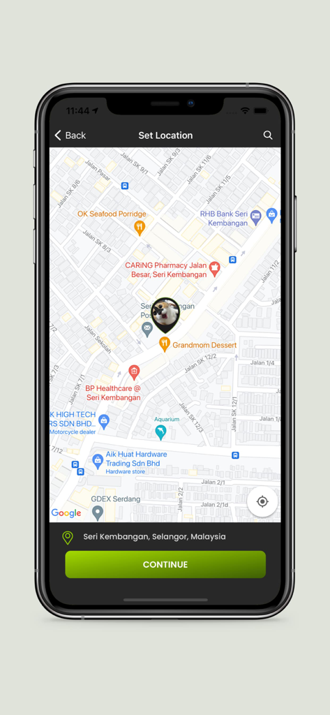 Bateriku - Bateriku app map interface showing a set location screen for roadside assistance