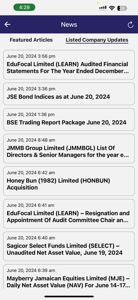 A list of news articles and company updates for the Jamaica Stock Exchange within the JSE Mobile app