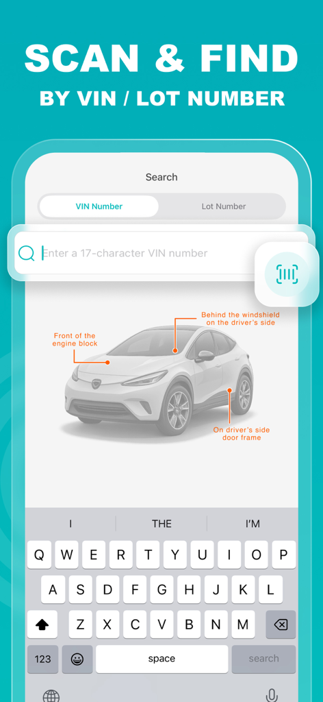 VIN PRO Check Used Car History - Mobile app interface showing how to find and scan a vehicle identification number with a search bar and car diagram