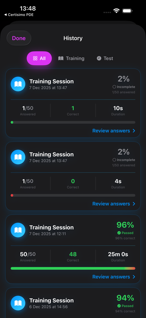 Certisimo PCA - Certisimo PCA app history screen displaying past training session results and performance tracking.