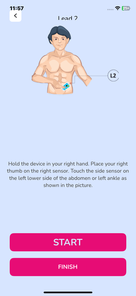 Sanket Life-ECG,Stress,Fitness - Tutorial screen showing correct device placement for a Lead 2 ECG recording in the Sanket Life app