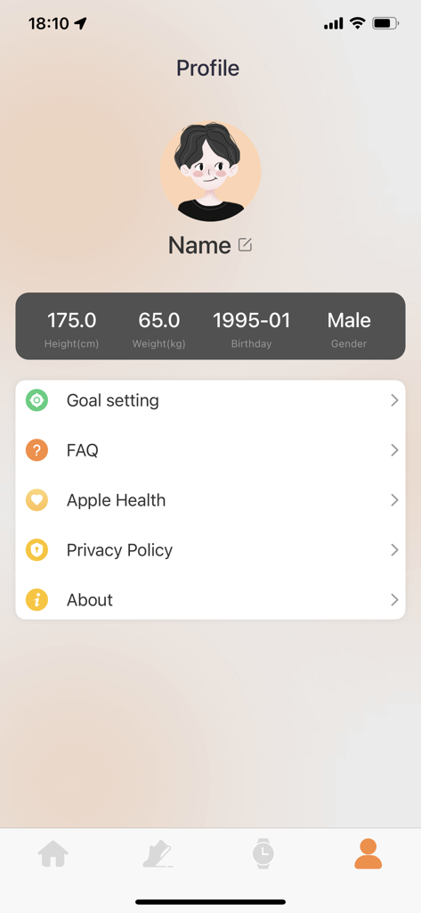 User profile screen in the Pubu Wear app showing personal health data and settings menu