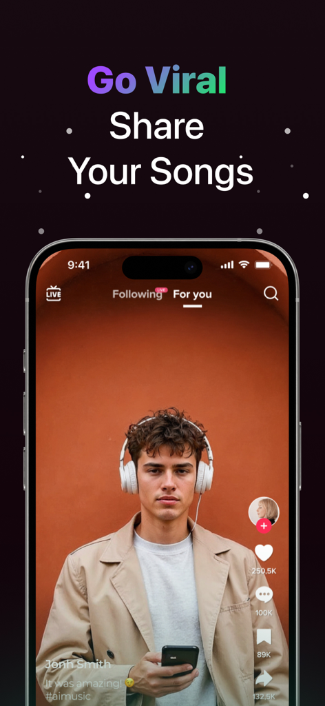 Harmo: Generator Music Song AI - Smartphone interface showing an AI generated song shared on a social media feed with high engagement.