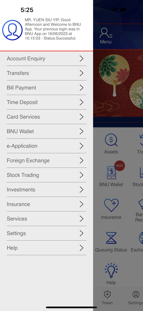 BNU Mobile App Seitenmenü mit verschiedenen Bankdienstleistungen und Transaktionsoptionen