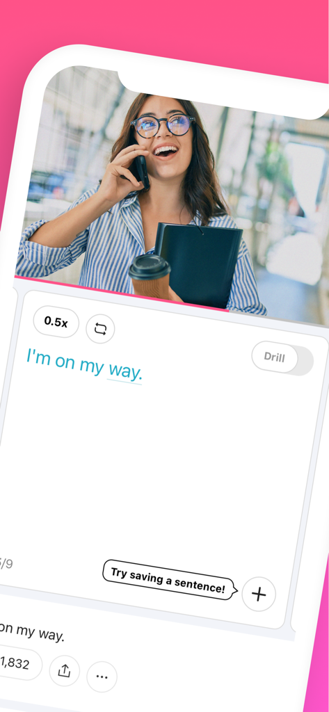 Cake - Learn English & Korean - Capture d'écran de l'application Cake montrant une leçon de langue basée sur une vidéo pour l'expression « I am on my way ».
