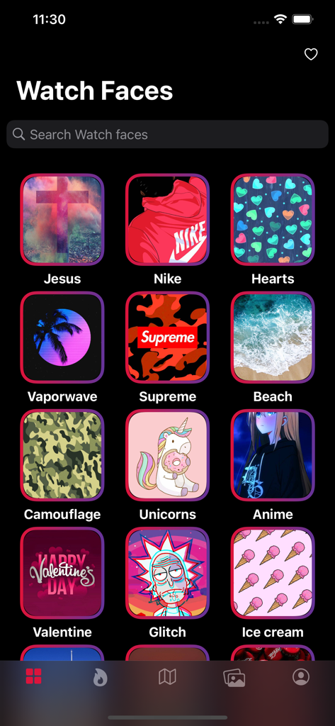 Watch Faces ®™ - Interfaccia dell'app che mostra una galleria di categorie di quadranti per Apple Watch come Nike, Supreme, Anime e Vaporwave.
