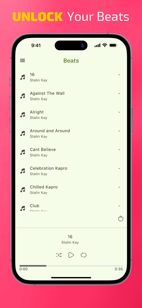 Interfaz de la aplicación BeatS que muestra una lista de pistas de rap y un reproductor de música en la parte inferior