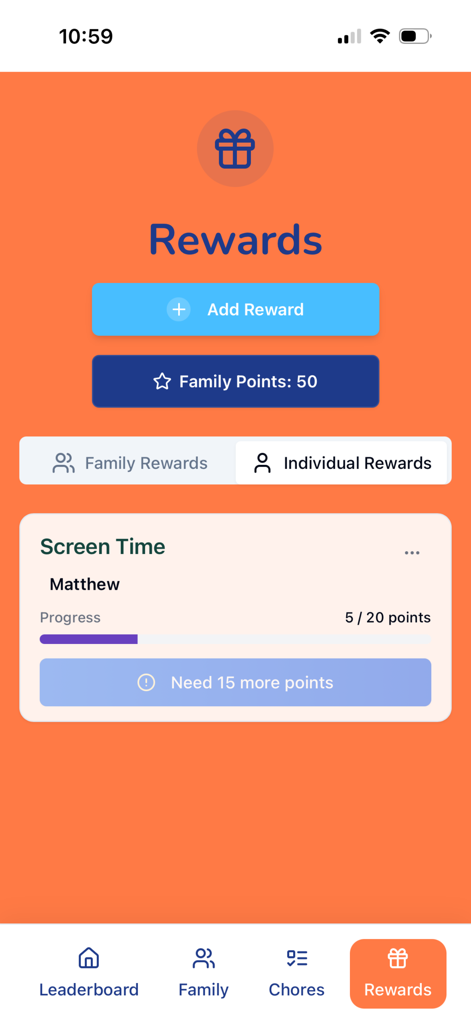 Chore Wars App-Belohnungsseite mit Punktfortschritt für Bildschirmzeit-Belohnungen.