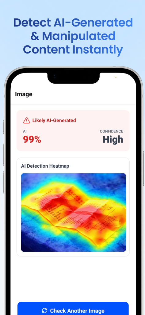 TruthScan app screen displaying a 99 percent AI generation probability with a visual detection heat map