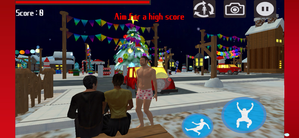 Christmas Simulator - A man in heart-patterned boxers stands in a snowy town with Christmas decorations in Christmas Simulator