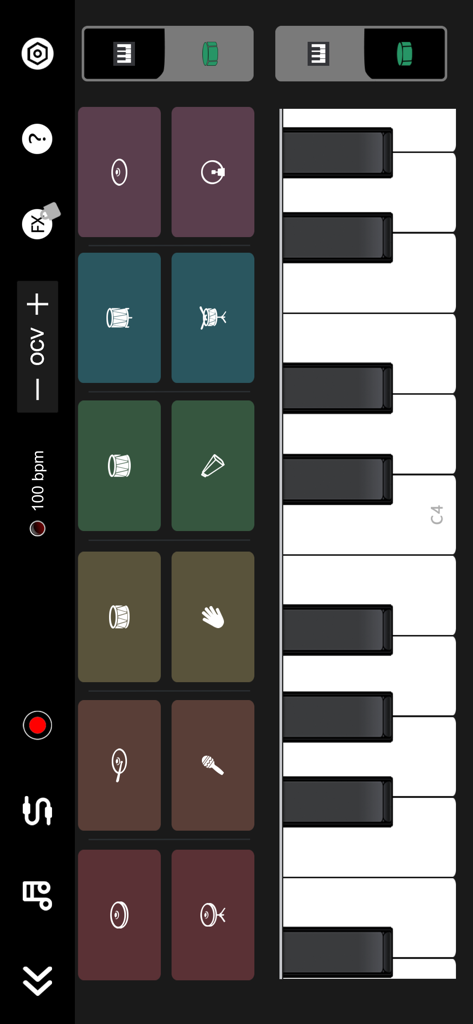 X Drum app beat pad grid and vertical piano keyboard interface