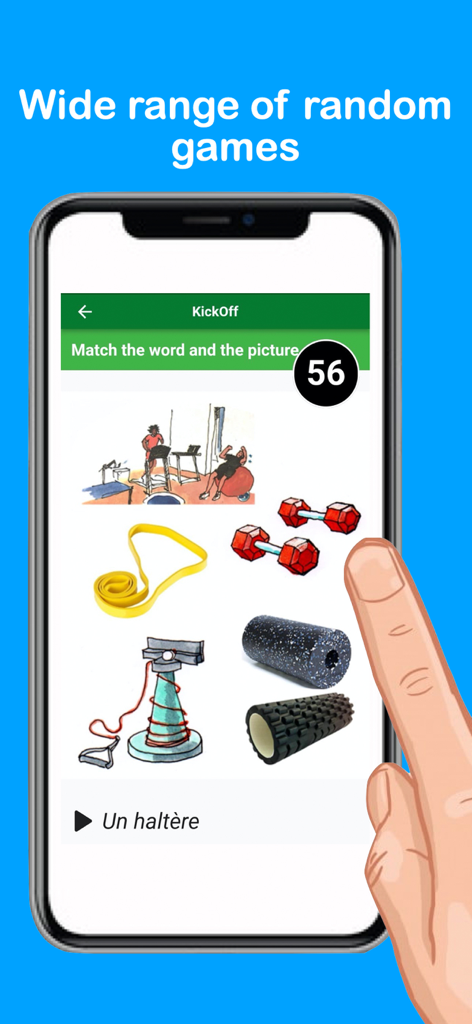 KickOff United - KickOff Unitedアプリの画面。サッカーのトレーニング機器の写真とフランス語の語彙用語を一致させるゲームが表示されています。