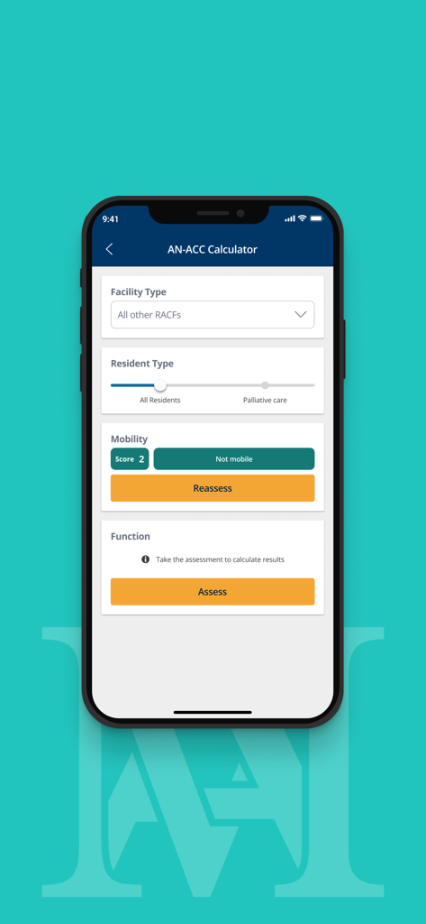 Mirus AN-ACC Calculator - Mirus AN-ACC Calculator mobile interface showing resident mobility and clinical assessment fields.