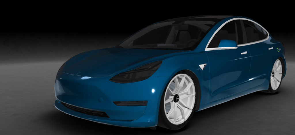 Electric Mods:EV Design Studio - 3D visualization of a blue electric vehicle with white custom wheels in the EV Design Studio