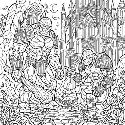 Dive into a mythical world where formidable stone giants roam amidst ancient gothic architecture. This captivating coloring page offers young artists an exciting fantasy scene to bring to life with their favorite colors.