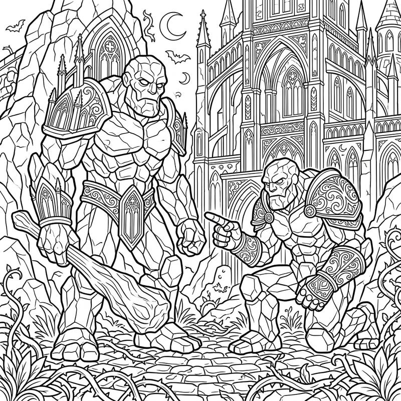 Dive into a mythical world where formidable stone giants roam amidst ancient gothic architecture. This captivating coloring page offers young artists an exciting fantasy scene to bring to life with their favorite colors.