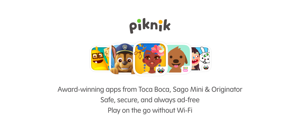 Schermata promozionale per Piknik che mostra le icone delle app di Toca Boca e Sago Mini con testo sulla sicurezza e sul gioco offline.