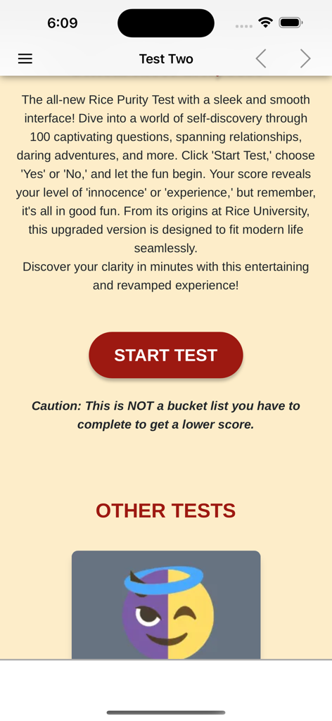 Rice Purity Test + - Rice Purity Test app start screen with a start button and a description of the test