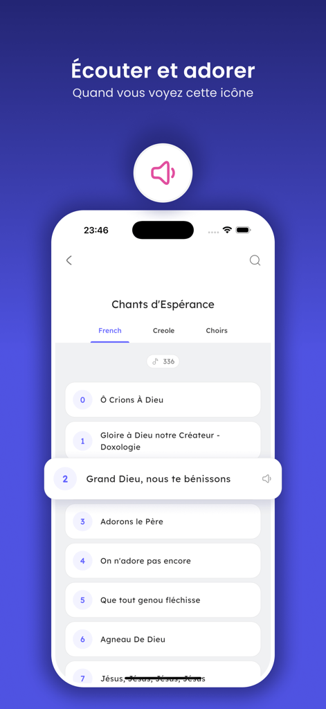 Le Chants d'Espérance - List of French hymns in the Le Chants desperance app featuring an audio playback feature
