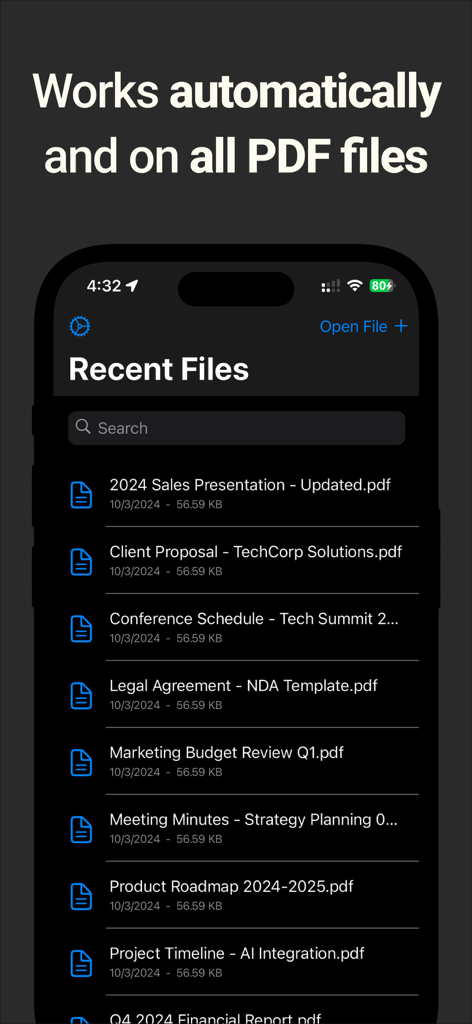 Dark Reader PDF 뷰어 앱 스크린샷으로 다크 모드 인터페이스에서 최근 파일 목록 표시