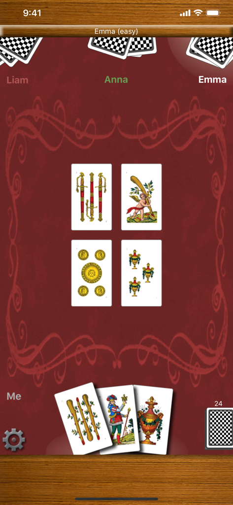 Scopa! - Una captura de pantalla del juego de cartas Scopa que muestra cartas regionales italianas sobre un fondo rojo decorativo durante una partida contra oponentes de computadora