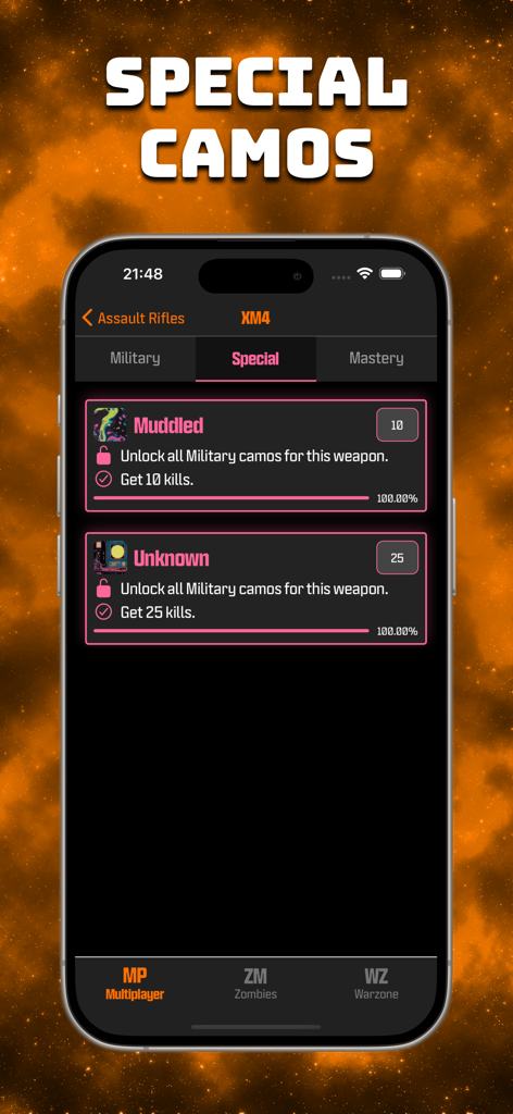 BO6 Camo Tracker - BO6 Camo Tracker app showing special camo challenges and progress for the XM4 assault rifle.