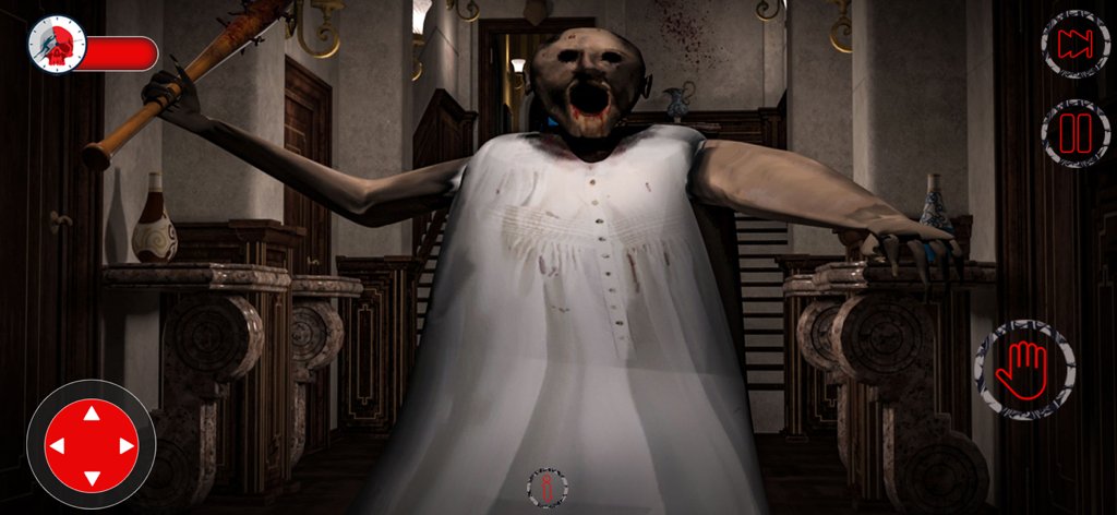 Scary Granny Nun House 3D Game - Un personaje de abuela pálida y aterradora sosteniendo un bate con púas en un pasillo oscuro de un juego de terror en 3D