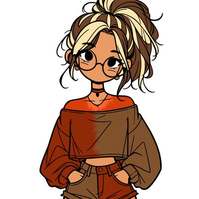 girl with a messy ponytail glasses a baggy crop top and jean shorts