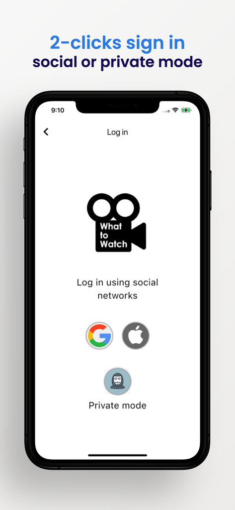 Login screen of the What to Watch app featuring social sign in buttons for Google and Apple plus a private mode option