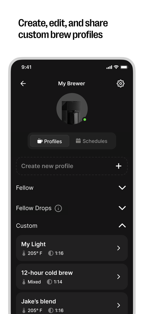 Fellow - Tela do aplicativo Fellow para criar e compartilhar perfis de preparo de café personalizados