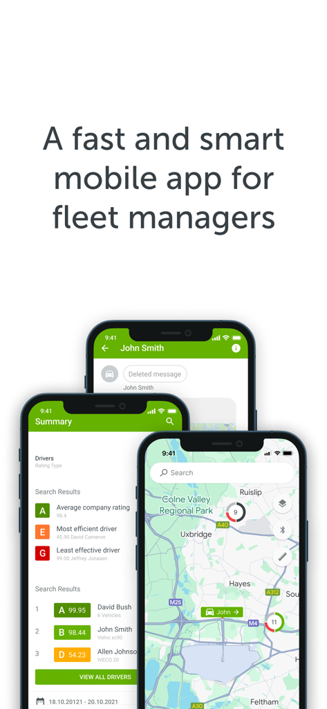Mapon Manager - Three smartphone screens displaying Mapon Manager features including real-time vehicle tracking map driver performance ratings and driver messaging