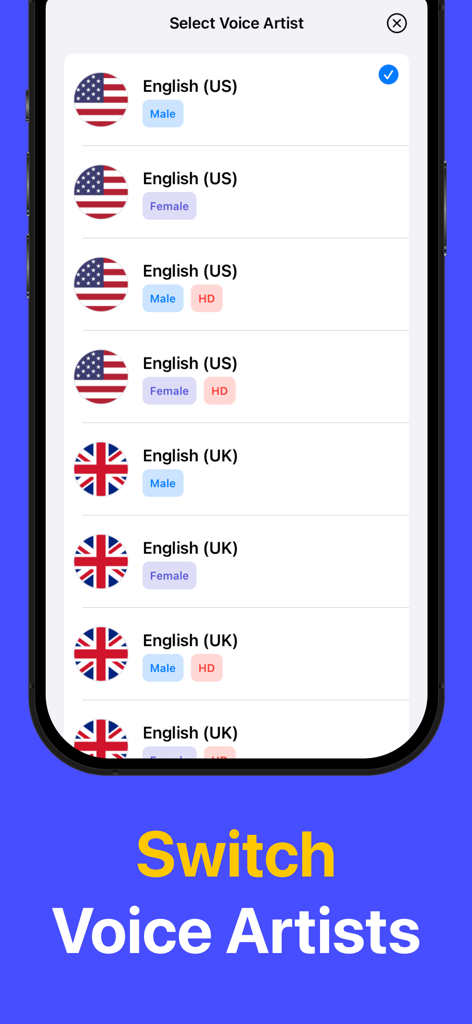 米国と英国のアクセントを持つさまざまなAIボイスアーティストを選択するためのメニューを表示するモバイルアプリ画面