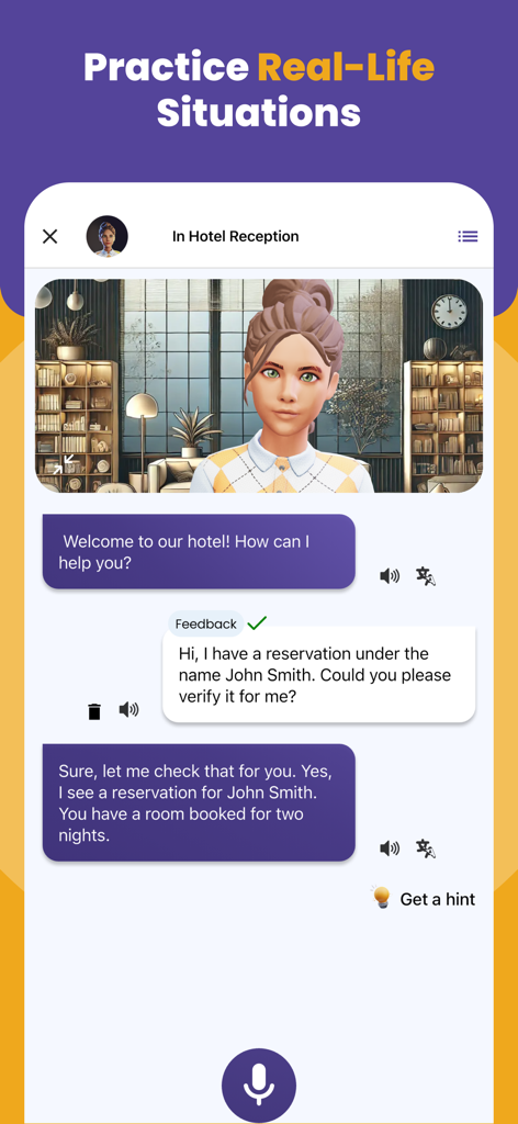 Juego de roles de conversación en la aplicación de aprendizaje de inglés en la recepción de un hotel
