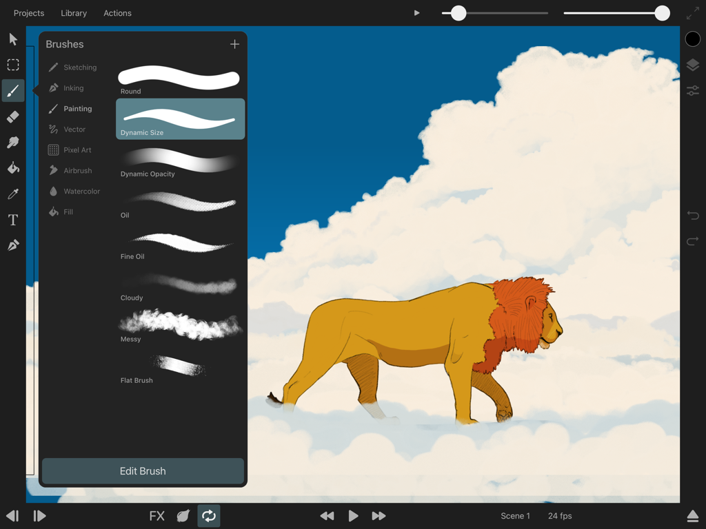 ToonSquid app interface showing brush selection menu and a lion illustration on clouds