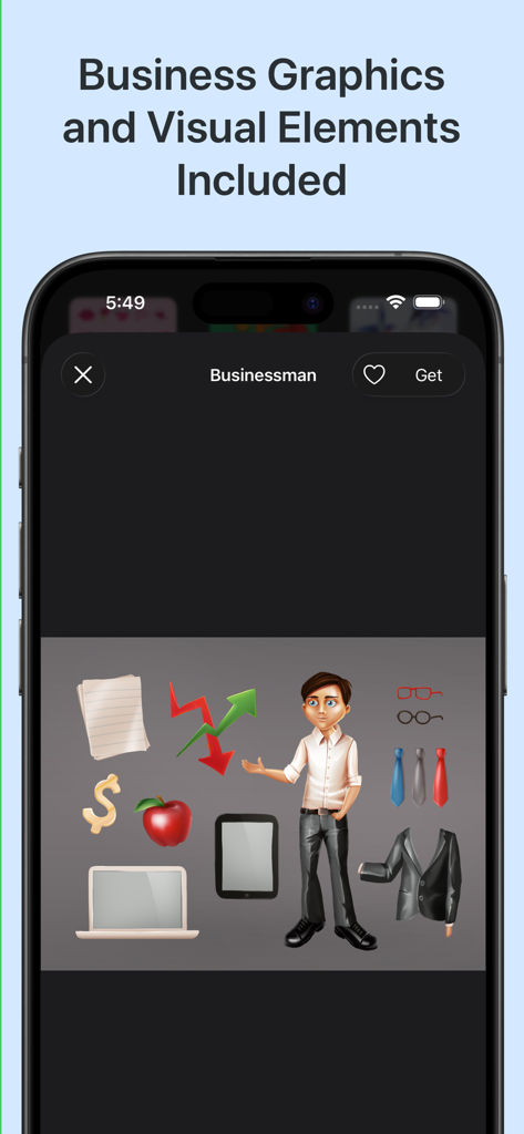 Toolbox for Keynote: Templates - Uma coleção de gráficos de negócios e elementos visuais para apresentações em Keynote, incluindo um personagem de homem de negócios e ícones profissionais