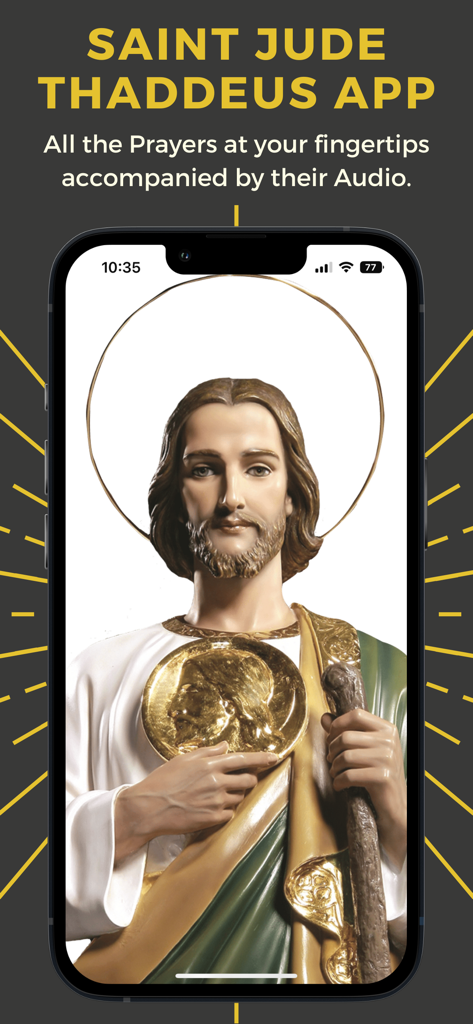 Smartphone screen displaying the Saint Jude Thaddeus prayer app with an image of the saint