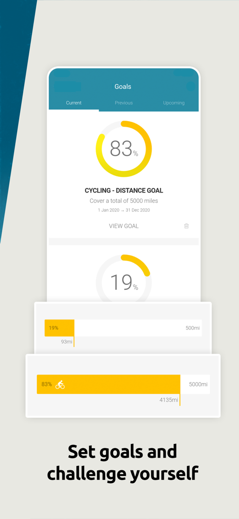 Schermata dell'app mobile che mostra i progressi degli obiettivi di fitness con grafici circolari e monitoraggio della distanza