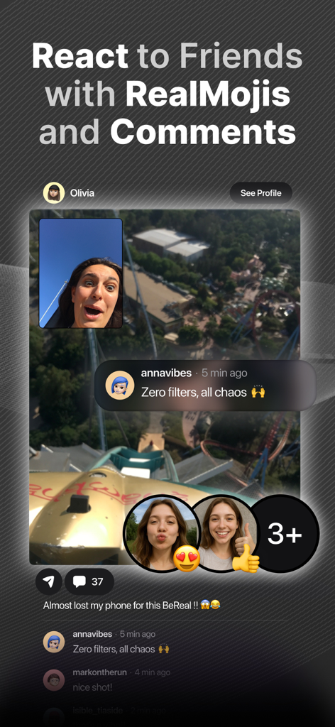 BeReal app screen demonstrating RealMoji reactions and comments on a friend's post.