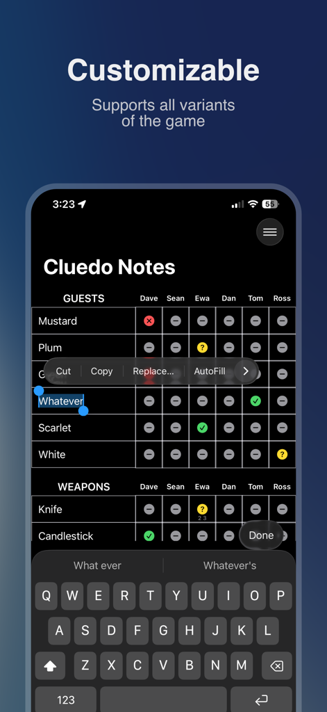 Cluedo Notes - Cluedo Notes app screen showing the customization of guest and weapon names on a digital scorecard.