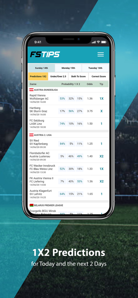 Interface do aplicativo móvel Football Super Tips mostrando previsões de jogos de futebol e odds de apostas