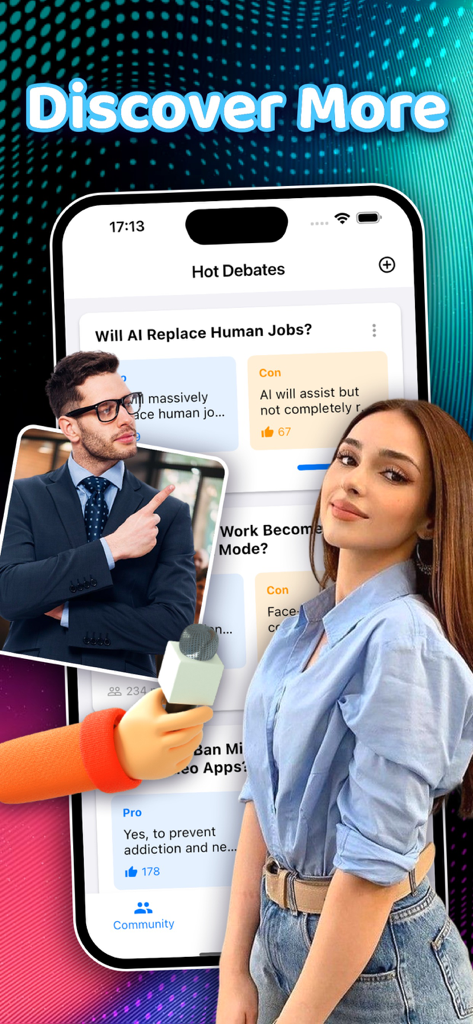 KloGli - KloGli app screen showing trending debate topics like AI jobs with pro and con argument cards