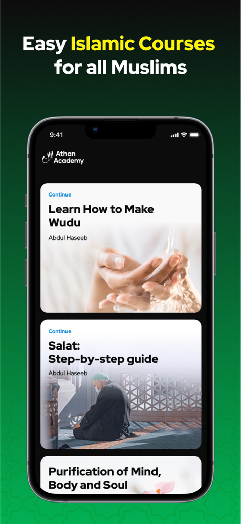 아탄 아카데미 모바일 앱 인터페이스, 우두 및 살라트 이슬람 학습 강좌 표시